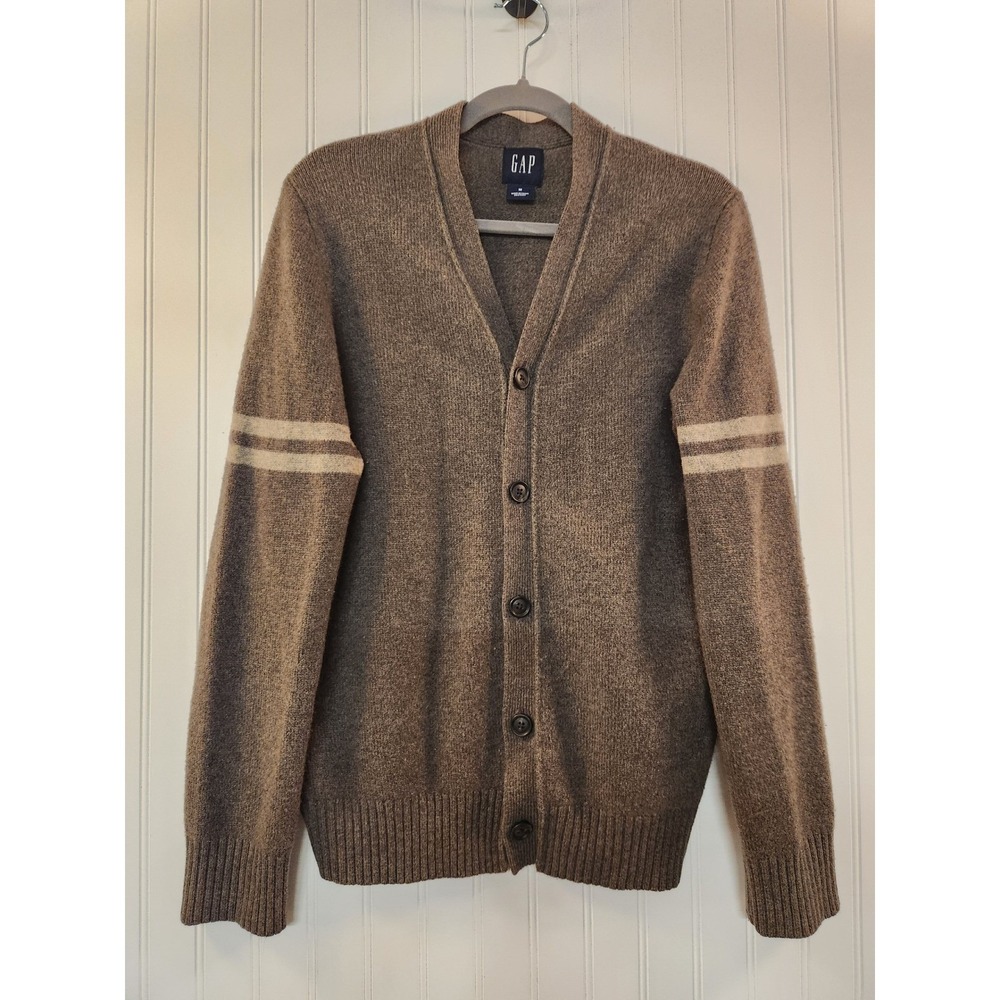 Gap Mens Brown Lambswool Cashmere Blend Varsity‎ Stripe Cardigan Sweater Medium